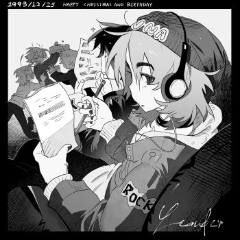  5boys beanie choker dated english_text food greyscale hat headphones highres holding holding_notebook holding_pen holding_pencil hood hood_down jacket long_sleeves looking_at_viewer male_focus mk1liaoqian monochrome multiple_boys notebook open_clothes open_jacket open_mouth original pants paper pen pencil running sheet_music short_hair signature sitting writing 