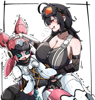  >_< 2girls ahoge aria_(zenless_zone_zero) asymmetrical_gloves black_hair black_sports_bra blush breasts caseee999 cleavage commentary_request drooling fingerless_gloves fishnet_gloves fishnets gloves goggles goggles_on_head grace_howard highres humanoid_robot large_breasts long_hair mechanical_ears multiple_girls nervous_sweating orange_eyes robot robot_girl scared single_fingerless_glove sports_bra sweat trembling zenless_zone_zero 