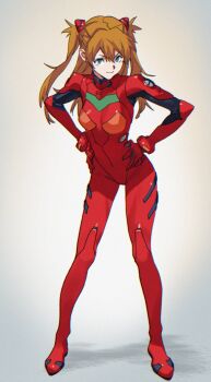  1girl :> artist_request bent_over blue_eyes blush bodysuit breasts brown_hair closed_mouth full_body gradient_background grey_background hands_on_own_hips highres interface_headset_(evangelion) long_hair looking_at_viewer mecha_pilot_suit medium_breasts neon_genesis_evangelion plugsuit_(evangelion) red_bodysuit shiny_clothes simple_background smile souryuu_asuka_langley standing tsundere twintails two_side_up wide_hips 