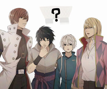  4boys argyle_clothes argyle_jacket black_hair black_pantyhose blonde_hair blue_jacket brown_hair commentary_request cosplay death_note furrowed_brow grey_hair hair_between_eyes highres howl_(howl_no_ugoku_shiro)_(cosplay) howl_pendragon jacket jacket_on_shoulders jewelry kaiba_seto kaiba_seto_(cosplay) kuga_yuuma kuga_yuuma_(cosplay) l_(death_note) male_focus mello_(death_note) multiple_boys near_(death_note) necklace no_eyebrows pantyhose parted_lips rope_belt shirt short_hair space_youkai thumb_to_mouth uchiha_sasuke uchiha_sasuke_(cosplay) upper_body vest white_background white_shirt white_vest yagami_light 