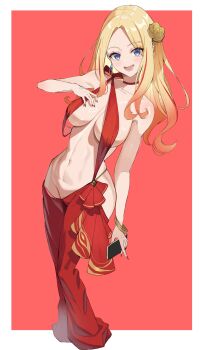  1girl absurdres arm_at_side bare_arms blonde_hair blush border breast_curtains breasts breasts_apart cellphone choker collarbone commentary curtained_hair dot_nose earrings flower forehead full_body gakuen_idolmaster groin hair_flower hair_ornament hand_on_own_chest highres holding holding_phone idolmaster jewelry juo_sena large_breasts long_hair looking_at_viewer lower_teeth_only multicolored_hair nail_polish navel open_mouth outside_border parted_bangs phone purple_eyes red_background red_choker red_nails red_streaks revealing_clothes sidelocks simple_background smartphone smile solo standing stomach streaked_hair teeth untranslatable_commentary wangjook_(wj) white_border yellow_flower 