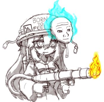  1girl ace_(playing_card) ace_of_spades bags_under_eyes blue_fire born_to_kill_(phrase) bow bowtie card cigarette clover combat_helmet commentary dress fire flamethrower four-leaf_clover full_metal_jacket hair_between_eyes hata_no_kokoro helmet helmet_writing korean_commentary long_hair long_sleeves mask mask_on_head partially_colored playing_card rampa93 sidelocks simple_background smoking solo spade_(shape) spot_color touhou very_long_hair weapon white_background wojak 