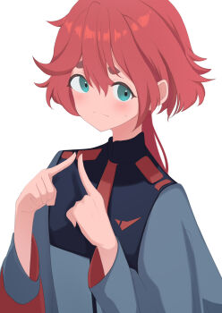  1girl absurdres blue_eyes blush closed_mouth commentary_request finger_touching grey_jacket gundam gundam_suisei_no_majo hair_between_eyes hands_up highres jacket long_hair long_sleeves red_hair riya_(01214) short_eyebrows simple_background small_sweatdrop solo suletta_mercury sweat thick_eyebrows white_background 