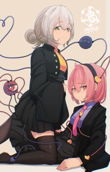  2girls absurdres alternate_costume alternate_hairstyle black_jacket black_skirt brown_thighhighs closed_mouth collared_shirt commentary_request eyeball green_eyes grey_hair heart heart_of_string highres incest jacket komeiji_koishi komeiji_satori long_sleeves looking_at_viewer multiple_girls necktie no_headwear pink_eyes pink_hair pink_necktie pleated_skirt purple_shirt senzaicha_kasukadoki shirt short_hair signature simple_background skirt sweater thighhighs third_eye touhou wide_sleeves yellow_sweater yuri 