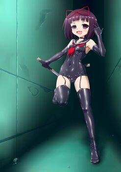  1girl absurdres boots bow choker covered_navel elbow_gloves female_focus garter_belt gloves gradient_background hair_bow highres indoors jpeg_artifacts karuki latex latex_boots latex_gloves latex_legwear looking_at_viewer purple_eyes purple_hair school_swimsuit school_uniform serafuku shiny_clothes short_hair solo swimsuit sword thigh_boots thighhighs weapon  rating:Questionable score:28 user:buuda