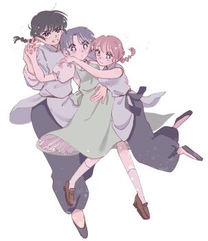  1boy 2girls bisexual_female black_hair blue_eyes braid brown_eyes chinese_clothes closed_mouth cocoa_681 commentary_request dress full_body fuurinkan_high_school_uniform green_dress grey_hair grin highres multiple_girls pink_hair ranma-chan ranma_1/2 saotome_ranma school_uniform short_hair single_braid smile tendou_akane white_background 