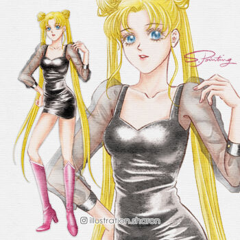 1girl alternate_costume bishoujo_senshi_sailor_moon black_dress blonde_hair blue_eyes boots collarbone commentary_request double_bun dress hair_bun high_heel_boots high_heels illustration_sharon instagram_username lips long_hair looking_at_viewer pink_boots see-through_clothes see-through_sleeves short_dress signature simple_background solo traditional_media tsukino_usagi twintails very_long_hair white_background 