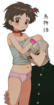  1boy 1girl age_difference blush bow bow_panties brown_eyes cameltoe camisole dot_nose expressionless feet_out_of_frame funifuchan gakuran grey_camisole grey_hair hand_on_another's_head hand_on_another's_thigh highres loli looking_at_viewer navel open_mouth original panties pink_panties polka_dot polka_dot_panties red_eyes school_uniform short_hair short_twintails simple_background thighs tsubame-chan_(funifuchan) twintails underwear upper_body white_background 