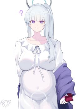 1girl big_belly blanket blue_archive blush book breasts dress frilled_pajamas frills grey_hair halo highres large_breasts long_hair long_sleeves looking_at_viewer mechanical_halo nightgown noa_(blue_archive) noa_(pajamas)_(blue_archive) official_alternate_costume pajamas ponytail pregnant purple_eyes revolverwing sleepwear smile solo white_dress white_hair white_halo white_nightgown white_pajamas 