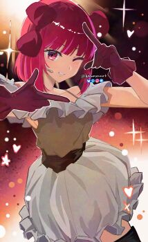  1girl absurdres arima_kana bob_cut bow commentary gloves grey_skirt hair_bow highres idol idol_clothes inverted_bob knowname looking_at_viewer medium_hair microphone one_eye_closed open_mouth oshi_no_ko red_bow red_eyes red_gloves red_hair skirt solo 