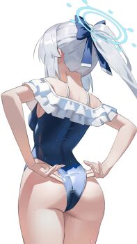 1girl absurdres adjusting_clothes adjusting_swimsuit ass blue_archive blue_bow blue_halo blue_one-piece_swimsuit bow commentary_request fingernails frilled_one-piece_swimsuit frills from_behind grey_hair hair_bow halo highres long_hair miyako_(blue_archive) miyako_(swimsuit)_(blue_archive) off_shoulder official_alternate_costume one-piece_swimsuit ponytail shortofsugar simple_background solo swimsuit wet white_background rating:Sensitive score:48 user:danbooru