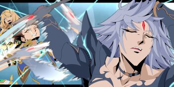  1girl 2boys absurdres afterimage andoryu_anzuru blonde_hair blue_bodysuit blue_jacket bodysuit breasts brown_hair cleavage clenched_teeth closed_eyes commentary dress english_commentary forehead_jewel grey_hair highres holding holding_sword holding_weapon jacket long_hair meme microdress multiple_boys mythra_(xenoblade) naoya_hitting_choso_without_looking_(meme) parted_lips short_hair smear_frame solo_focus sword teeth weapon white_dress xenoblade_chronicles_(series) xenoblade_chronicles_2 