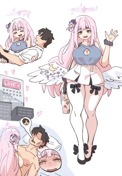  1boy 1girl :d angel_wings assertive_female bag bare_shoulders black_hair black_ribbon blue_archive blue_shirt blue_skirt blush breasts carrying carrying_person cleavage cleavage_cutout clothing_cutout flower guy_tired_after_sex_(meme) hair_flower hair_ornament halo heart heart-shaped_pupils heart_halo hetero high_heels implied_sex large_breasts long_hair love_hotel mabufuyo mika_(blue_archive) multiple_views on_bed open_mouth pink_hair pink_halo ribbon scrunchie sensei_(blue_archive) shirt shoulder_bag side_bun skirt sleeveless sleeveless_shirt smile symbol-shaped_pupils thick_thighs thigh_peek thighhighs thighs very_long_hair waving white_background white_shirt white_skirt white_thighhighs wings wrist_scrunchie xd yellow_eyes 