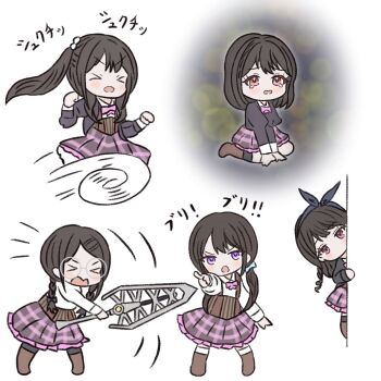  >_< 5girls assault_lily black_bow black_hairband black_jacket black_pantyhose black_ribbon black_thighhighs blue_bow boots bow bow_hairband bowtie braid brown_boots brown_hair chibi closed_eyes collared_shirt commentary_request corset full_body glasses grey-framed_eyewear hair_bow hair_ornament hair_ribbon hairband hairclip hand_up hands_up hasegawa_gabriella_tsugumi highres holding holding_sword holding_weapon jacket juliet_sleeves kuroki_francisca_yuria long_hair long_sleeves looking_at_viewer low_twin_braids low_twintails ludvico_private_girls'_academy_school_uniform matsunaga_brigitta_kayo medium_hair motion_lines multiple_girls no_mouth open_clothes open_jacket open_mouth outstretched_arm pantyhose parallel_hairclips parted_bangs peeking_out pickles_(picpicpickles) pink_bow pink_bowtie pink_skirt plaid_clothes plaid_skirt pointing pointing_at_viewer puffy_sleeves purple_eyes red_eyes ribbon round_eyewear sano_matilda_kokoro school_uniform seto_veronica_ichika shirt side_ponytail sitting skirt slashing sword tearing_up thighhighs translated twin_braids twintails underbust v-shaped_eyebrows v_arms wariza wavy_mouth weapon wheel_o_feet white_background white_shirt white_thighhighs 