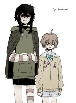  1boy 1girl aged_down ahoge arm_warmers arms_at_sides bags_under_eyes black_eyes black_hair black_skirt blue_bow blue_bowtie blue_sailor_collar blue_shorts bow bowtie brooch brown_hair cape cardigan chest_height chinese_commentary commentary_request cowboy_shot crossed_bangs dgucedunno double-parted_bangs drawstring english_text genderswap genderswap_(ftm) genderswap_(mtf) green_cape green_hoodie grey_eyes hair_between_eyes hair_ornament heart heart_brooch heart_hair_ornament height_difference highres hood hood_down hoodie jewelry jitome long_sidelocks low_ponytail miniskirt nervous_smile neuro-sama no_pupils pink_arm_warmers pink_thighhighs pleated_skirt pocket ponytail sailor_collar school_uniform shaded_face short_hair_with_long_locks short_ponytail short_shorts shorter_male shorts sidelocks simple_background single_thighhigh skirt smile smirk standing star_brooch striped_arm_warmers striped_clothes striped_thighhighs sweatdrop tall_female thighhighs turtle_shell vedal987 vedal_ai virtual_youtuber white_background yellow_cardigan 