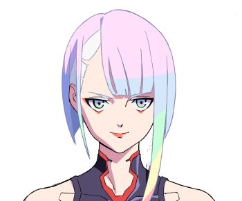  1girl asymmetrical_bangs asymmetrical_hair black_leotard closed_mouth concept_art cyberpunk:_edgerunners cyberpunk_(series) cyborg eyeliner leotard light_particles looking_at_viewer lucy_(cyberpunk) makeup multicolored_hair multicolored_leotard official_art official_art_inset orange_hair parted_lips pink_hair rainbow_hair red_eyeliner red_leotard short_hair_with_long_locks simple_background smile tattoo two-tone_leotard upper_body white_background yoshinari_you 