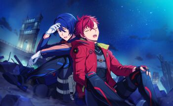  2boys blue_hair fingerless_gloves gloves green_eyes helios_rising_heroes highres jacket long_sleeves male_focus multiple_boys night official_art open_clothes open_jacket open_mouth otori_akira red_hair red_jacket ren_kisaragi sitting sky star_(sky) teeth upper_teeth_only white_gloves 