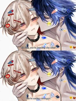  2boys blue_eyes blue_hair blush closed_eyes collar collarbone commentary earrings english_text flins_(genshin_impact) genshin_impact grey_hair hair_between_eyes hair_ornament hairpin highres illuga_(genshin_impact) jewelry kjbb782723 long_hair male_focus mole mole_under_eye multicolored_hair multiple_boys multiple_hair_clips multiple_hairpins pout red_hair red_pupils single_earring sticker too_many_stickers topless_male two-tone_hair white_background yaoi 