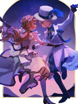  2girls absurdres arm_up black_gloves black_shoes blue_feathers blue_pants blue_shirt chinese_commentary coat commentary_request dancing dress eye_contact face-to-face feathers from_side full_body gloves gradient_background green_eyes grey_hair hair_bun hat hat_feather hat_over_one_eye highres jiu'anzi la_la_land leg_up long_dress looking_at_another low_ponytail multiple_girls official_alternate_costume one_eye_covered orange_hair pants pink_background ponytail poster_parody purple_background reverse:1999 shirt shoes short_hair single_side_bun sleeveless sleeveless_dress sonetto_(reverse:1999) vertin_(ipstar)_(reverse:1999) vertin_(reverse:1999) white_coat white_hat yellow_dress 