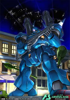  building car city_lights commentary_request copyright_logo copyright_name copyright_notice glowing glowing_eyes gun gundam gundam_0080 gundam_arsenal_base holding holding_gun holding_weapon horns jellyman kampfer_(mobile_suit) logo mecha mecha_focus mobile_suit motor_vehicle no_humans official_art one-eyed panzerfaust pink_eyes radio_antenna robot science_fiction shoulder_spikes single_horn solo spikes weapon zeon 