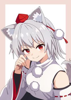  1girl absurdres animal_ears bare_shoulders border commentary_request detached_sleeves grey_hair hat highres inubashiri_momiji looking_at_viewer outside_border pom_pom_(clothes) red_eyes red_hat ribbon-trimmed_sleeves ribbon_trim shirt short_hair side_slit simple_background sleeveless sleeveless_shirt smile solo tail tokin_hat touhou tsukumo_charu upper_body white_background white_shirt wolf_ears wolf_girl wolf_tail 
