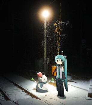  1girl absurdres aqua_hair aqua_trim auhuheben17 black_boots black_eyes black_skirt black_sleeves blue_scarf boom_barrier boots bucket collared_shirt commentary crossbuck dark detached_sleeves full_body grey_shirt hair_ornament hashtag-only_commentary hatsune_miku highres lens_flare long_hair looking_at_viewer night outdoors overhead_line photo_background pleated_skirt railroad_crossing railroad_tracks road_sign scarf shirt sign skirt sleeveless sleeveless_shirt snow snowing snowman solo spring_onion thigh_boots twintails very_long_hair vocaloid 