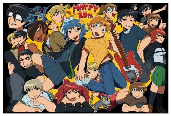  >_< 6+boys 6+girls :d absolutely_everyone anniversary antenna_hair bass_guitar beard_stubble black_eyes black_gloves black_hair black_jacket blonde_hair blue_dress blue_hair blue_pants blue_shoes blue_sweater blush border breasts brothers brown_hair cat cleavage colored_sclera commentary couple demon_girl demon_hipster_chicks demon_wings denim dress english_commentary envy_adams everyone facial_hair freckles from_side gideon_(cat)_(scott_pilgrim) gideon_graves glasses gloves green_skirt grey_cat grey_pants hair_ornament hand_on_own_hip happy_anniversary hetero highres holding holding_bass_guitar holding_hands holding_instrument holding_skateboard instrument jacket jeans jitome julie_powers ken_katayanagi kim_pine knives_chau kyle_katayanagi large_breasts long_hair lucas_lee medium_hair multiple_boys multiple_girls neil_nordegraf open_clothes open_jacket open_mouth orange_hair pants pleated_skirt pointing ponytail ramona_flowers red_hair red_lips red_sclera round_eyewear roxie_richter scott_pilgrim_(comics) scott_pilgrim_(series) shirt shoes short_hair short_twintails siblings skateboard skirt smile stacey_pilgrim star_(symbol) star_hair_ornament stephen_stills stubble sweater tabby_cat thick_eyebrows thumbs_up todd_ingram twins twintails wallace_wells warambling white_border wings yellow_shirt 