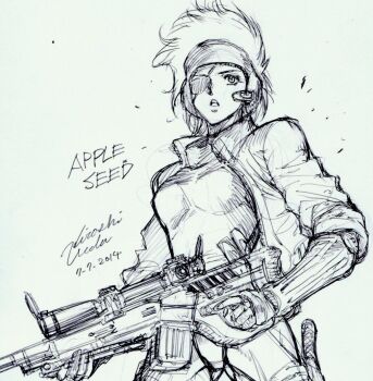  1girl appleseed breasts copyright_name dated deunan_knute eyepatch gloves greyscale gun holding holding_gun holding_weapon monochrome open_mouth short_hair signature simple_background solo ueda_hiroshi weapon white_background 