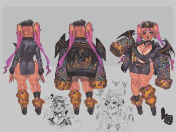  1girl ? absurdres animal_print ass bat_(animal) bikini black_dress black_hat black_jacket black_shoes blonde_hair bra breasts cleavage clothes_on_and_off colored_tips commentary commission dark-skinned_female dark_skin doodle_inset dress earrings english_commentary eyelashes eyeshadow fangs fingernails flame_print full_body green_eyes gyaru hand_up hat heart heart_earrings highres jacket jewelry keziedra kneehighs large_breasts leopard_print leopard_print_bikini leopard_print_bra leopard_print_panties lipstick long_fingernails long_hair long_pointy_ears long_sleeves loose_socks low_neckline makeup microdress mole mole_on_breast multicolored_hair multiple_moles multiple_views onee_gyaru open_mouth orange_socks original oversized_clothes oversized_jacket panties peaked_cap pelvic_curtain penny_loafers pink_hair pointy_ears print_bikini print_bra print_jacket print_panties purple_eyeshadow reference_sheet sharp_fingernails shoes sleeves_past_wrists socks swimsuit tan tanline tanline_peek turnaround twintails underwear vampire 