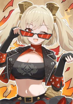  1girl ;d adjusting_eyewear black_gloves black_jacket black_skirt black_tube_top blonde_hair breasts brown_background burnice_white cleavage commentary fingerless_gloves gloves hair_ornament highres jacket keaworks looking_at_viewer looking_over_eyewear midriff navel one_eye_closed open_mouth red-tinted_eyewear red_eyes simple_background skirt smile solo strapless sunglasses tinted_eyewear tube_top upper_body zenless_zone_zero 