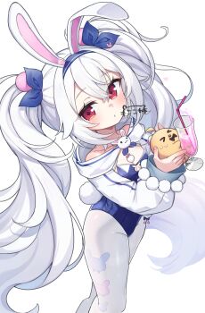  1girl animal_ears azur_lane blue_leotard commentary_request cup fake_animal_ears highres holding kokone_(coconeeeco) laffey_(azur_lane) laffey_ii_(azur_lane) laffey_ii_(sleepy_on_a_busy_day)_(azur_lane) leotard long_hair manjuu_(azur_lane) official_alternate_costume paid_reward_available pantyhose playboy_bunny rabbit_ears rabbit_tail red_eyes simple_background tail twintails white_background white_hair white_pantyhose 
