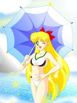  1girl adult_swim aino_minako beach beach_umbrella bikini bishoujo_senshi_sailor_moon bishoujo_senshi_sailor_moon_r bishoujo_senshi_sailor_moon_r:_the_movie bishoujo_senshi_sailor_moon_s bishoujo_senshi_sailor_moon_s_the_movie:_kaguya-hime_no_koibito bishoujo_senshi_sailor_moon_supers bishoujo_senshi_sailor_moon_supers_the_movie:_sailor_9_senshi_shuuketsu!_black_dream_hole_no_kiseki blonde_hair blue_eyes blue_sky breasts holding holding_umbrella medium_breasts ocean one_eye_closed silverlegends sky swimsuit toei_company toonami umbrella viz_media wink  rating:General score:3 user:calum1998