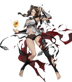  10616014 1girl animal_ears barefoot breasts brown_eyes brown_hair cape cleavage damaged fire_emblem fire_emblem_awakening fire_emblem_heroes highres low_twintails medium_breasts navel nintendo non-web_source official_alternate_costume official_art one_eye_closed panne_(fire_emblem) panne_(resplendent)_(fire_emblem) parted_lips rabbit_ears rabbit_girl red_cape shoulder_pads solo thighhighs torn_cape torn_clothes twintails 