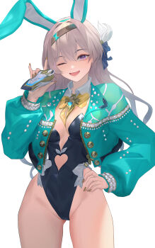  1girl absurdres alternate_costume animal_ears aqua_jacket black_hairband black_leotard bow bowtie breasts commentary_request cowboy_shot detached_collar fake_animal_ears firefly_(honkai:_star_rail) grey_hair hairband hand_on_own_hip highleg highleg_leotard highres holding honkai:_star_rail honkai_(series) ieris jacket large_breasts leotard long_hair long_sleeves looking_at_viewer one_eye_closed open_clothes open_jacket open_mouth playboy_bunny puffy_long_sleeves puffy_sleeves purple_eyes rabbit_ears simple_background solo standing white_background yellow_bow yellow_bowtie 