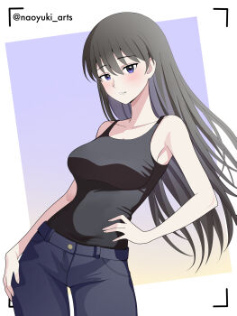  1girl absurdres artist_name azumanga_daiou black_hair black_shirt blue_eyes blue_pants breasts casual collarbone commentary gradient_background hand_on_own_hip hand_on_own_thigh highres long_hair looking_at_viewer naoyuki_arts pants parted_lips sakaki_(azumanga_daioh) shirt solo standing 