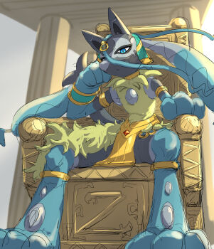  1other absurdres blue_eyes closed_mouth commentary_request expressionless full_body gen_4_pokemon highres itsudzumi looking_at_viewer lucario mega_lucario_z mega_pokemon nintendo pokemon pokemon_(creature) pokemon_focus sitting sitting_on_throne sketch solo throne 