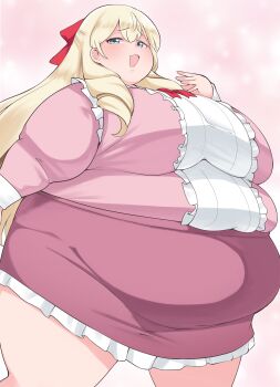 1girl bifizu's_gold blonde_hair blue_eyes blush bow breasts drill_hair drill_sidelocks fat fat_woman frills hair_bow keito-sama keito-sama_ni_wa_omitoushi!? large_breasts long_hair obese ojou-sama_pose open_mouth pink_background pink_shirt pink_skirt red_bow shirt sidelocks skirt smile solo standing thick_arms tight_clothes