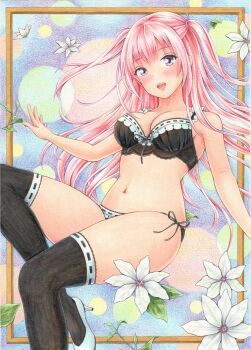  1girl absurdres black_bra black_panties black_thighhighs blush bra breasts commentary flower foot_out_of_frame frilled_bra frills hand_up high_heels highres large_breasts lingerie long_hair looking_at_viewer marker_(medium) midori_(mira567) navel open_mouth original outside_border panties pink_hair pumps purple_eyes side-tie_panties smile solo stomach thighhighs traditional_media two_side_up underwear underwear_only white_flower 