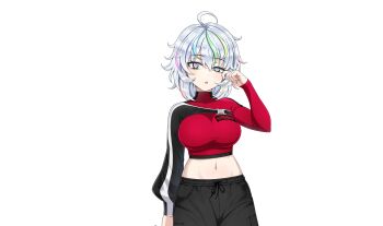  1girl ahoge blonde_hair blue_hair dolphin_wave green_hair grey_hair highres kurokuchi_muru midriff multicolored_eyes multicolored_hair navel official_art ootomo_takuji purple_hair rainbow_eyes solo transparent_background  rating:General score:4 user:redweptef12