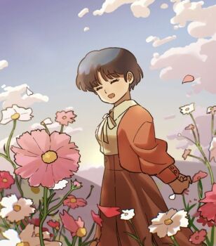  1girl ^_^ black_hair blue_sky closed_eyes commentary_request day flower long_skirt open_mouth outdoors pink_flower protected_link ranma_1/2 red_skirt short_hair skirt sky smile solo tendou_akane tokito_rk white_flower 