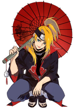 1boy :p absurdres akatsuki_uniform asymmetrical_bangs bad_source black_nails black_shirt blue_eyes deidara_(naruto) dixieyyds earrings fishnet_top fishnets floral_print forehead_protector grey_pants high_ponytail highres holding holding_umbrella jewelry long_hair male_focus naruto_(series) naruto_shippuuden open_clothes open_robe pants ponytail ring robe sandals shirt smile solo squatting tongue tongue_out umbrella 