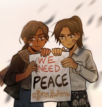  2girls anti-war bandaid bandaid_on_face black_skirt brown_eyes brown_hair brown_jacket commentary english_commentary english_text grey_shirt high_ponytail holding holding_paper jacket khmer_text looking_at_viewer low_ponytail multiple_girls original otteroffice_art paper ponytail scarf shirt skirt thai_text white_background white_shirt yellow_eyes 