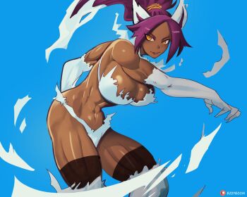  1girl 2021 abs alternate_form artist_name bare_shoulders black_thighhighs bleach bleach:_sennen_kessen-hen blue_background breasts dark-skinned_female dark_skin electricity electrokinesis ezzydraws female_focus hair_ears hair_ornament highres large_breasts long_hair navel parted_bangs patreon_username ponytail purple_hair shihouin_yoruichi shiny_skin simple_background stomach thighhighs thighs toned toned_female yellow_eyes 