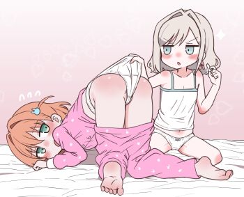  2girls aged_down aqua_eyes bare_shoulders barefoot blush bow bow_panties cameltoe camisole ceras_yanagida_lilienfeld commentary flat_chest flying_sweatdrops giving_wedgie grey_hair hair_ornament hair_ribbon highres hinoshita_kaho hinoshita_kaho_(young) holding jitome kodomo_doushi kumaneko_(kumaneko1138) link!_like!_love_live! loli love_live! multiple_girls navel orange_hair pajamas panties pants panty_pull partially_visible_vulva pink_pajamas pink_pants pink_ribbon pink_shirt physical_examination rabbit_hair_ornament ribbon shirt short_hair spanked spanking suppository toes top-down_bottom-up two_side_up underwear v-shaped_eyebrows virtual_youtuber wedgie white_camisole white_panties yuri  rating:Questionable score:161 user:danbooru