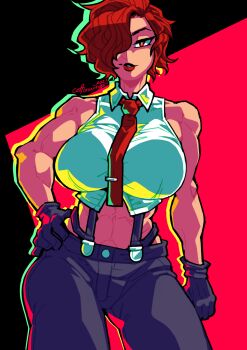  breasts cottonwings curvy formal_clothes gloves huge_breasts large_breasts leather looking_at_viewer pale_skin pants red_eyes red_hair shirt short_hair standing the_king_of_fighters thick_lips thick_thighs thighs vanessa_(kof) white_shirt 
