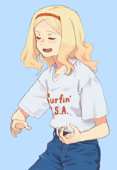  1girl air_guitar aleksandra_i._pokryshkin blonde_hair blue_background blush brave_witches closed_eyes commentary_request cowboy_shot denim dot_nose grin hairband highres jeans long_hair long_sidelocks open_mouth pants parted_bangs print_shirt red_hairband shiratama_(hockey) shirt short_sleeves sidelocks simple_background smile solo wavy_hair white_shirt world_witches_series 