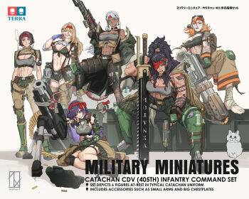  6+girls abs alisa_krova ammunition_belt ammunition_pouch arm_tattoo armor artist_logo artist_name astra_militarum bikini black_gloves black_socks blonde_hair blood blood_on_face bloody_weapon boots bra breasts brown_eyes brown_hair brunn_arang bullet_necklace camouflage camouflage_bikini camouflage_bra camouflage_jacket camouflage_pants camouflage_skirt cat catachan_jungle_fighter chainsaw chainsword chihiro_catarine cigarette coat combat_boots combat_knife commentary computer defibrillator doll earrings english_commentary english_text firefighter_jacket flamethrower foot_wraps gloves goggles goggles_around_neck goggles_on_head green_armor green_eyes grey_cat grey_eyes gun headband heavy_bolter hellen_auricaelia_artha highres holding holding_flamethrower holding_weapon imperial_aquila jacket jen_talonus jewelry knee_pads knife laptop large_breasts lasgun laspistol lineup logo long_hair medical_gloves medium_breasts multiple_girls muscular muscular_female one_eye_covered orange_eyes orange_hair pants ponytail pouch purity_seal purple_eyes purple_hair radio red_headband rifle scar scar_on_arm scar_on_face scope scowl serene_ann_rexian servo-skull short_hair skirt smile smoking smoking_pipe sniper_rifle socks swimsuit tamiya_incorporated tattoo torn_clothes trench_coat underwear warhammer_40k weapon white_hair woodland_camouflage zephart 