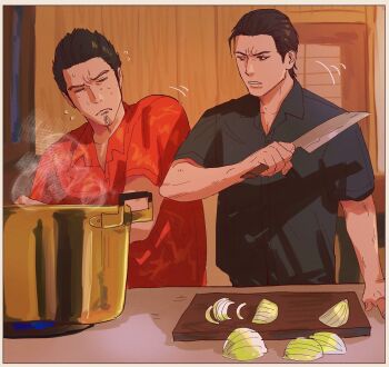  2boys alternate_costume black_hair boiling brown_hair casual commentary_request cooking cutting cutting_board cutting_onions facial_hair flying_sweatdrops goatee hawaiian_shirt holding holding_knife kiryu_kazuma knife mine_yoshitaka multiple_boys onion ryuu_ga_gotoku_(series) ryuu_ga_gotoku_3 shirt short_sleeves sweat tyag53 