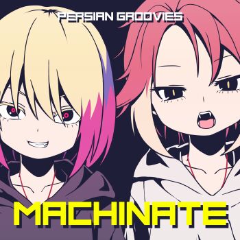  2girls album_cover androgynous black_hoodie blonde_hair bob_cut character_name commentary_request cover fangs flat_chest grin highres hitnex hood hood_down hoodie hue_shifting j-core kobaryo looking_at_viewer multicolored_hair multiple_girls official_art open_mouth persian_groovies red_hair red_pupils short_hair sidelocks simple_background smile streaked_hair upper_body white_hoodie yellow_pupils 