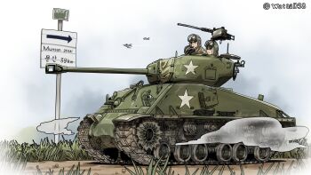  2others absurdres aircraft airplane caterpillar_tracks commentary goggles helmet highres m4_sherman military_vehicle motor_vehicle multiple_others original road_sign sign tank tank_turret twitter_username wataad98 